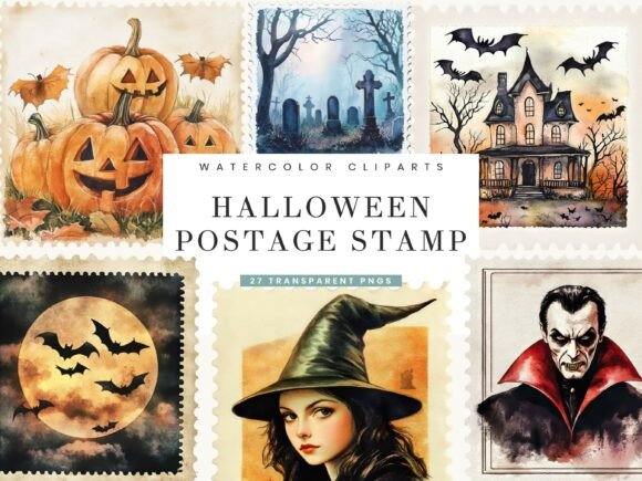 🎃📬 27 Watercolor Halloween Postage Stamp Clipart Bundle 📬🎃