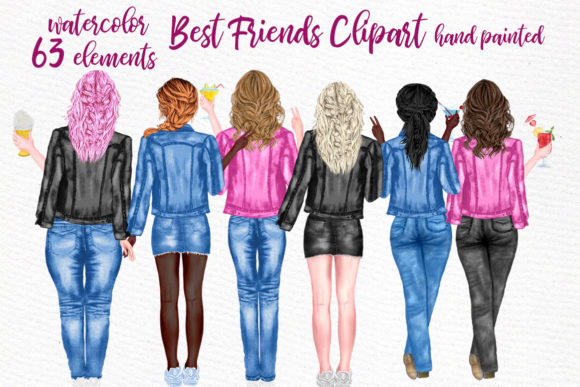 Best Friends Clipart: Jeans, Jackets & Mug Watercolor Set