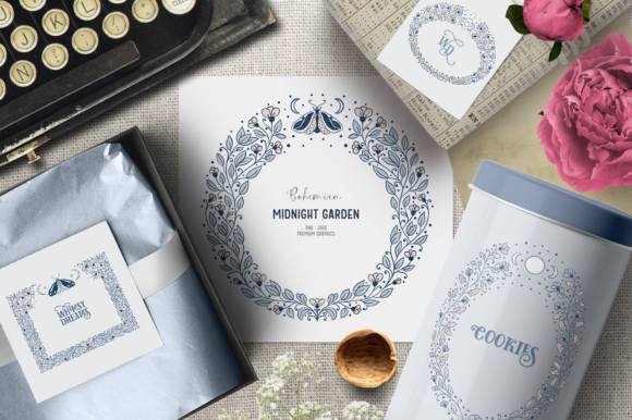 Blue Mystical Boho Clipart Frames: Hand-Drawn Vintage Floral Designs