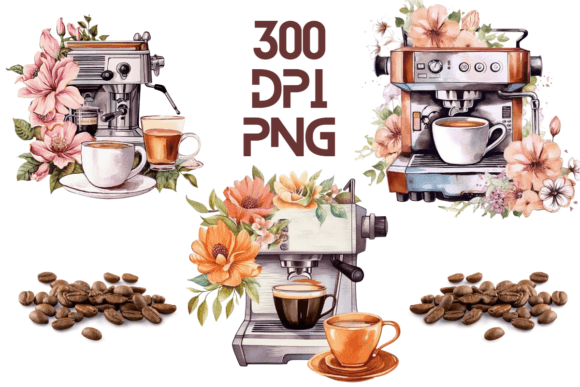 Brewing Up Elegance: The Coffee Machine Watercolor Floral PNG 14 Collection