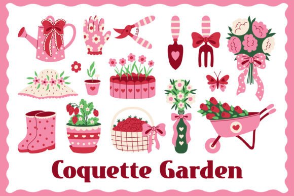 Coquette Garden PNG Clipart: A Girly Pink Gardening Set