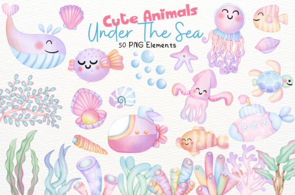 Cute Animals Under the Sea 50 Cliparts: Dive Into Adorable Design