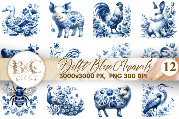 Delft Blue Animals Clipart Set: Classic Elegance for Modern Creations