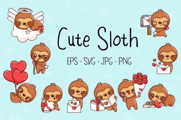 Sloth, Set Animals in Love: Adorable Kawaii Illustrations