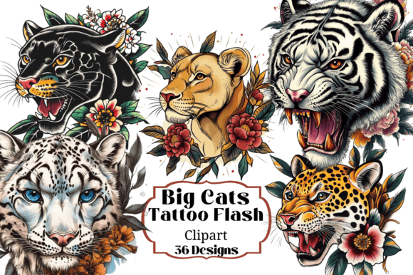 Unleashing Wild Aesthetics with 36 Big Cats Tattoo Flash Clip Art
