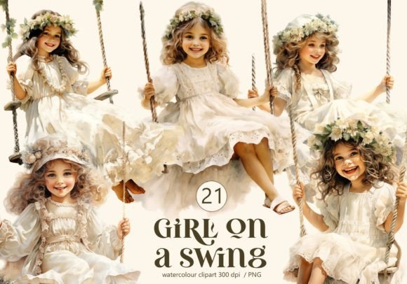 Victorian Girls on a Swing, Watercolor: A Gentle Touch of Vintage Charm