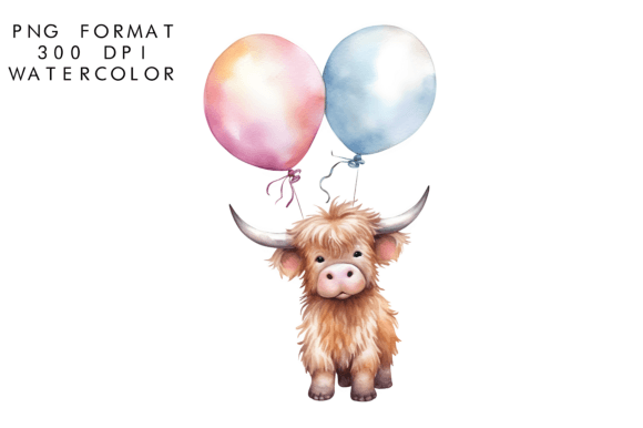 Watercolor Baby Highland Cow and Balloon: A Charming Design Asset