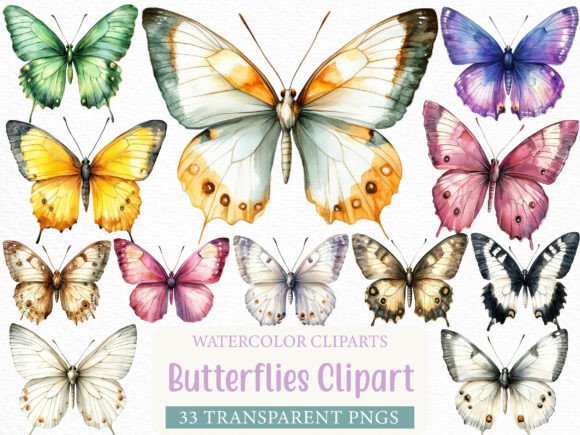 Watercolor Butterflies Clipart: 33 Hand-Painted Designs for Your Projects