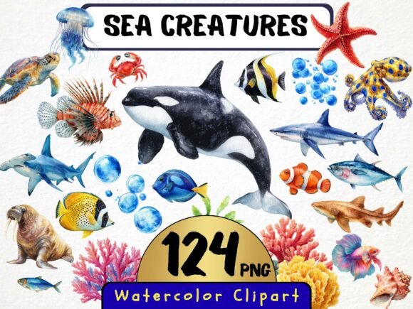Watercolor Sea Creatures Clipart: 124 Transparent PNGs