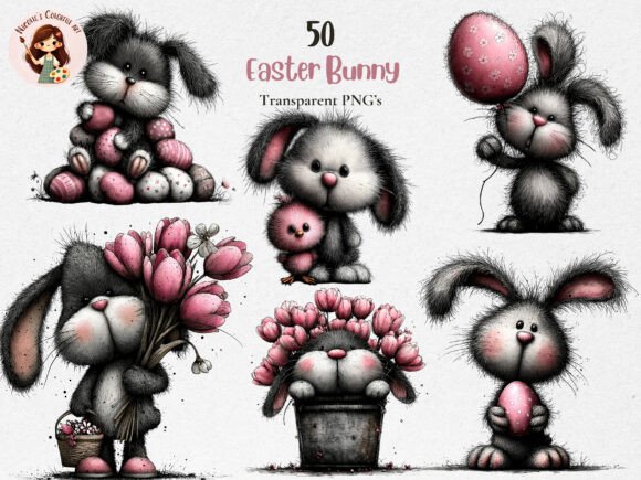 Whimsical Easter Bunny PNG Clipart Set: Soft Watercolor Charm