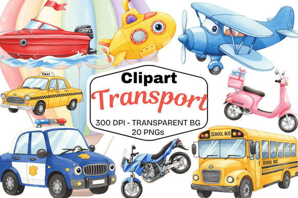 Whimsical Journeys: The Watercolor Transport Clipart Set